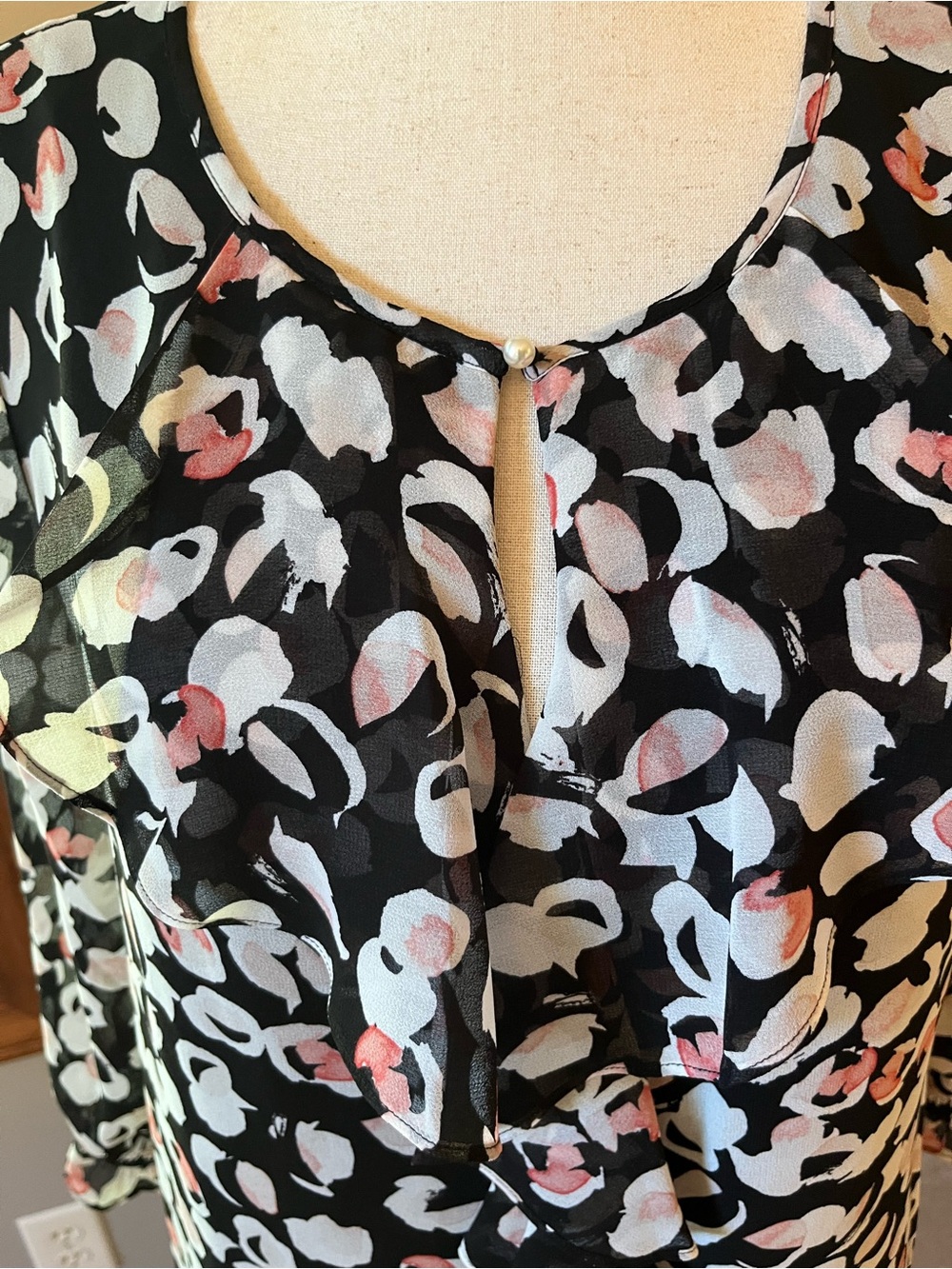 Karl Lagerfeld Black Floral Print Long Sleeve Blouse with Pearl Accent